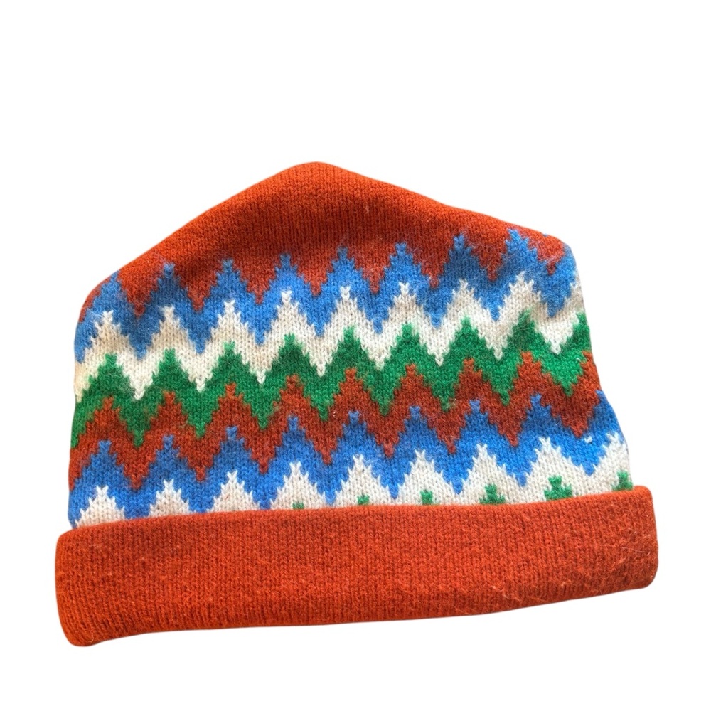 Vintage Orange Multicolor Zigzag Knit Beanie Winter Hat - Picture 1 of 4
